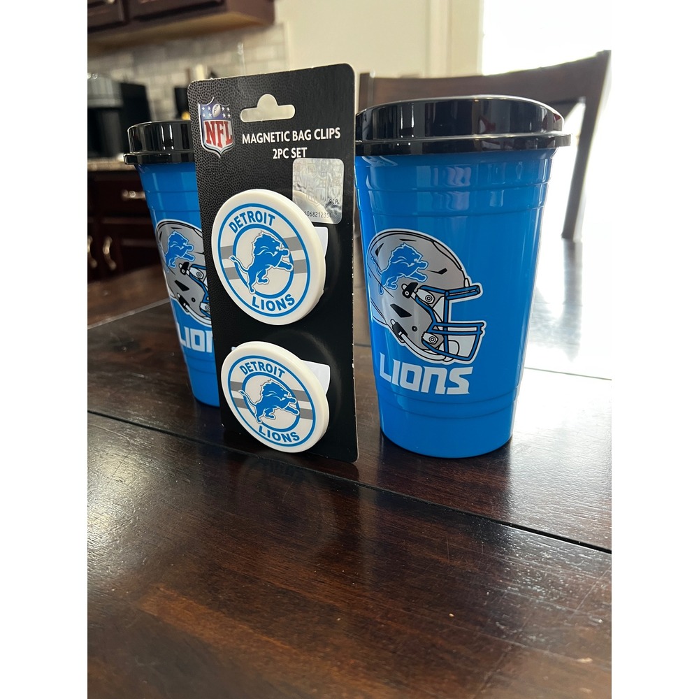 NWT Detroit Lions NFL 2 pack Coffee travel mug & Magnetic Bag Clips - Picture 2 of 4